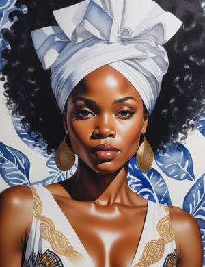 "Craft a stunning 4K watercolor painting depicting the grace of an African woman. Concentrate on intricate details, showcasing her deep black, short, curly hair, and a luminous white dress. The composition should offer a frontal, close-up view of her face. Aim for extreme details reminiscent of artists like Kehinde Wiley, Mary Whyte, and Wangechi Mutu."

