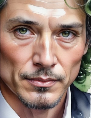 Capture the enigmatic presence of a 40-year-old Russian man with fair skin, slightly wavy, curly green-tinted hair, deep black eyes, and adorned in a luminous, glossy gray suit. Zoom in for a close-up of his face, immersing in the intricate details. Channel the aquarelle mastery of Cheng Lian, infuse the nuanced expressiveness seen in Anna Brigitta Kovacs' close-ups, and incorporate the subtle elegance of Keiko Tanabe's watercolor portraits. Deliver a superior watercolor masterpiece that seamlessly blends these influences into an exceptional portrayal.

