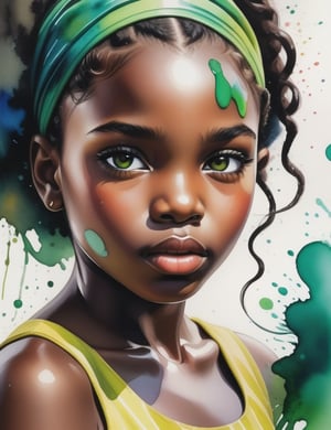 Craft a captivating splash artwork with vibrant watercolor-style colors, portraying a 10-year-old African girl with dark black skin and tightly curled, unified hair adorned with vibrant green highlights. Focus on a close-up of her face, intricately capturing details in the style of watercolor splashes. Draw inspiration from the vibrant works of Yellena James, the splash art of Corinne Viner, and the expressive watercolors of Joseph Zbukvic. Create a superior splash artwork that seamlessly blends these influences into an outstanding portrayal.

