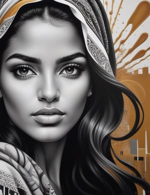 Create a striking black and white wall splash artwork, portraying a 25-year-old Arab woman with caramel skin and tightly curled, unified hair. Focus on a close-up of her face, intricately capturing details in the style of wall splashes. Draw inspiration from the black and white wall splash works of Ian Ross, the monochromatic mural art of Eduardo Kobra, and the distinctive style of Vhils in urban art. Craft a superior wall splash artwork that seamlessly blends these influences into an outstanding portrayal.

