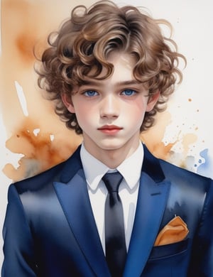 Evoke the youthful charm of a 15-year-old French boy with fair skin, caramel-colored curly hair, and deep black eyes, adorned in a vibrant, glossy blue suit. Zoom in for a close-up of his face, delving into the intricate details. Channel the aquarelle mastery of Cheng Lian, infuse the captivating expressiveness seen in Elena Romanova's close-ups, and incorporate the delicate portraiture style of Alena Kudriashova's watercolor works. Deliver a top-tier watercolor masterpiece that seamlessly blends these influences into an outstanding portrayal.

