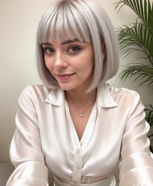 (1 beautiful and perfectly gorgeous girl named Anabella Nandi bob haircut style with beautiful bangs), ((white_silver hair color:1.3)), perfect detailed face, realistic face texture, Instagram model, slight smile, stunning realistic photo, ((big breasts)). ((She is wearing her white silk blouse and fabric mini skirt)). She is sitting taking a frontal selfie. Model and influencer, realistic,