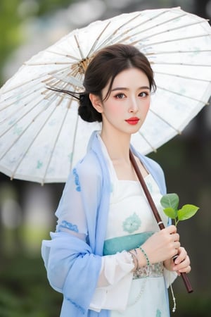 The image is a portrait of a young Asian woman holding a white umbrella. She is wearing a traditional Chinese dress with a blue and white patterned shawl draped over her shoulders. Her hair is styled in loose waves and she is looking directly at the camera with a serious expression. The background is blurred, but it appears to be an outdoor setting with trees and greenery. The woman is holding the umbrella with both hands and has a small green leaf in her other hand. The overall mood of the image is peaceful and serene., alexa