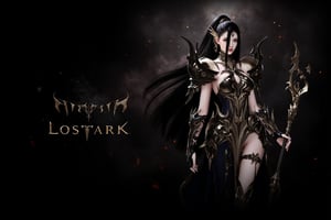 This is a digital artwork featuring a female character named Lostark, as indicated by the text at the bottom of the image. Lostark is depicted in a dramatic, dark fantasy style, with a focus on intricate armor and a mystical, otherworldly atmosphere. She has long, flowing black hair and pale skin, with a serious, almost stern expression. Her eyes are sharp and piercing, adding to her commanding presence.

Lostark is adorned in a complex, black and gold armor that covers her entire body, with ornate, spiked shoulder pads and a high-collared chest piece. The armor has a metallic sheen and is detailed with intricate patterns and sharp edges, giving it a futuristic yet medieval feel. Her hands are adorned with black gauntlets, and she holds a sword or staff in her right hand, which is slightly outstretched.

The background is dark and smoky, with floating embers and a subtle glow that adds to the mystical ambiance. The left side of the image is dominated by the character, while the right side fades into a dark, almost ethereal mist. The text "Lostark" is prominently displayed at the bottom center, with the word "Arcona" underneath it, indicating the game or series associated with the character.