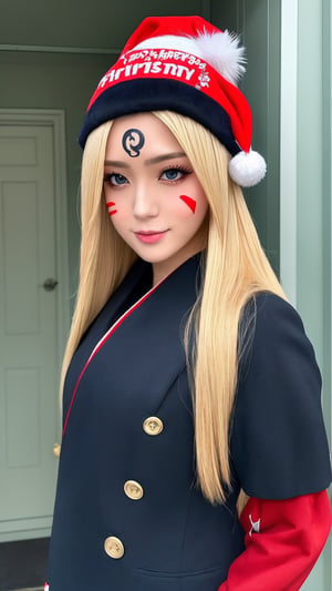 masterpiece,  best quality,  1girl,  solo,  gakuran,  christmas hat, christmas suit, long hair,  Naruto uzumaki,  long blonde hair,  spiked hair , n4rut0, facial mark,  forehead protector,  konohagakure symbol,izumi ran,transgirl