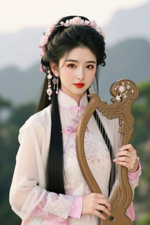 The image is a portrait of a young woman dressed in traditional Chinese clothing. She is holding a harp in her right hand and her left hand is resting on the strings of the harp. The woman has long black hair styled in a half-up, half-down hairstyle with a flower crown on her head. She has a serious expression on her face and is looking directly at the camera. The background is blurred, but it appears to be an outdoor setting with trees and mountains in the distance. The overall mood of the image is peaceful and serene., alexa