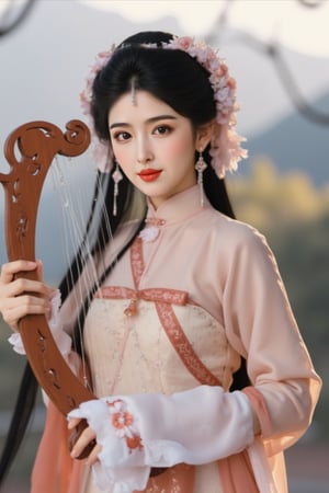 The image is a portrait of a young woman dressed in traditional Chinese clothing. She is holding a harp in her right hand and her left hand is resting on the strings of the harp. The woman has long black hair styled in a half-up, half-down hairstyle with a flower crown on her head. She has a serious expression on her face and is looking directly at the camera. The background is blurred, but it appears to be an outdoor setting with trees and mountains in the distance. The overall mood of the image is peaceful and serene., alexa