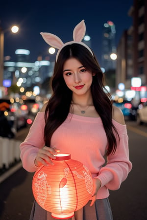 The image is a portrait of a young woman standing in front of a city skyline at night. She is wearing a pink off-the-shoulder sweater and a gray pleated skirt. Her long dark hair is styled in loose waves with white bunny ears and she is looking directly at the camera with a slight smile on her face. The background is blurred, but it appears to be a busy street with cars and motorcycles. The overall mood of the image is casual and relaxed. In her hands, she holds a red and white lantern featuring a large, detailed fish design, adding a festive touch to the scene.

