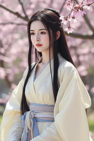 cfairy,
The image is a high-resolution photograph featuring a young East Asian woman with fair skin and long, straight black hair cascading down her shoulders. She has a delicate, oval face with high cheekbones, almond-shaped eyes, and a slight, elegant smile. Her makeup is minimal, highlighting her natural beauty with a touch of pink lipstick and subtle eye shadow.

She is dressed in a traditional Chinese hanfu, a flowing, elegant robe with intricate embroidery. The robe is predominantly cream-colored with delicate floral patterns and blue accents. The sleeves are long and slightly puffy, adding to the ethereal feel of the attire. She wears a blue and white sash tied around her waist, adding a pop of color and texture.

The background is a blurred, natural setting, likely a garden or park, with cherry blossom trees in full bloom. The branches of the trees are adorned with soft pink blossoms, creating a serene and romantic atmosphere. The lighting is soft and natural, casting a gentle glow over the entire scene, enhancing the soft, delicate textures of the hanfu and the delicate petals of the cherry blossoms.

Overall, the image exudes a sense of tranquility and timeless beauty, blending traditional culture with a modern, high-definition photographic style. Aimee. 