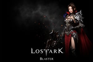 This is a digital artwork featuring a character named "Lostark" from the video game of the same name. The image is set against a dark, smoky background with scattered embers and debris, creating a sense of chaos and drama. Lostark stands confidently in the foreground, dressed in elaborate, armor-like attire. Her outfit is a mix of metallic and leather, with intricate designs and accents. She wears a long, flowing red cape with blue accents, and his left shoulder is adorned with a large, ornate, metallic pauldron. His right hand holds a massive, imposing, black-and-silver weapon that appears to be a fusion of a sword and a shield. 

Lostark has long brown hair and a serious expression, looking directly at the viewer. His skin is pale, and his eyes are dark. The lighting in the image is dramatic, highlighting the sharp edges and metallic textures of his armor and the weapon. The name "Lostark" is prominently displayed in white text at the bottom center of the image, along with the word "Blaster" and some smaller text indicating the game's developer and publisher. The overall style is highly detailed and realistic, typical of modern CGI artwork.