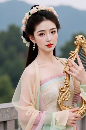 The image is a portrait of a young woman dressed in traditional Chinese clothing. She is holding a harp in her right hand and her left hand is resting on the strings of the harp. The woman has long black hair styled in a half-up, half-down hairstyle with a flower crown on her head. She has a serious expression on her face and is looking directly at the camera. The background is blurred, but it appears to be an outdoor setting with trees and mountains in the distance. The overall mood of the image is peaceful and serene., alexa