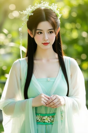 cfairy,
The image is a high-resolution photograph featuring a young woman with fair skin and an elegant, refined appearance. She has long, straight black hair adorned with delicate, floral hair accessories that include small, green leaves and small, yellow flowers. Her makeup is subtle, with a natural look that accentuates her features without being overdone. 

She is dressed in a traditional, ethereal Chinese costume, primarily white with soft, pastel green and blue hues. The outfit includes a flowing, semi-transparent cape with intricate, floral embroidery that cascades over her shoulders. The fabric is lightweight and silky, adding to the ethereal quality of the attire. A wide, green belt with a floral pattern cinches her waist, enhancing her slim figure.

The background is a blurred, out-of-focus garden setting with lush greenery and sunlight filtering through the leaves, creating a serene, natural ambiance. The lighting is soft and warm, enhancing the soft, delicate textures of her clothing and the softness of her skin. The overall mood of the image is tranquil and otherworldly, evoking a sense of timeless beauty and grace. HuLianxin.