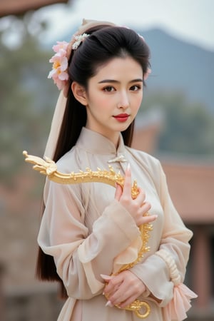 The image is a portrait of a young woman dressed in traditional Chinese clothing. She is holding a harp in her right hand and her left hand is resting on the strings of the harp. The woman has long black hair styled in a half-up, half-down hairstyle with a flower crown on her head. She has a serious expression on her face and is looking directly at the camera. The background is blurred, but it appears to be an outdoor setting with trees and mountains in the distance. The overall mood of the image is peaceful and serene., alexa