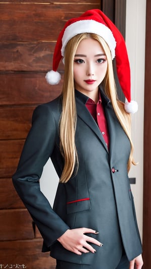 masterpiece,  best quality,  1girl,  solo,  gakuran,  christmas hat, christmas suit, long hair,  Naruto uzumaki,  long blonde hair,  spiked hair , n4rut0, facial mark,  forehead protector,  konohagakure symbol,izumi ran,transgirl