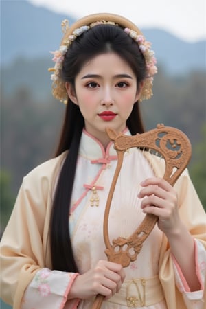 The image is a portrait of a young woman dressed in traditional Chinese clothing. She is holding a harp in her right hand and her left hand is resting on the strings of the harp. The woman has long black hair styled in a half-up, half-down hairstyle with a flower crown on her head. She has a serious expression on her face and is looking directly at the camera. The background is blurred, but it appears to be an outdoor setting with trees and mountains in the distance. The overall mood of the image is peaceful and serene., alexa