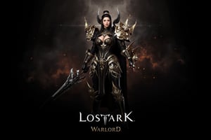 This image is a highly detailed digital artwork featuring a character named "Lostark" from the game "Warlord." The character is a muscular, imposing warrior with a stern, focused expression. She has long, dark hair and a serious demeanor. He is clad in heavy, ornate armor that combines elements of medieval and futuristic design. The armor is primarily black with golden and silver accents, featuring intricate patterns and spikes. The character wields a large, imposing sword with a black and gold handle, and his right arm is adorned with a massive, spiked gauntlet. The background is dark and smoky, with floating embers and sparks, creating a sense of drama and intensity. The lighting is focused on the character, casting dramatic shadows and highlights that emphasize the textures and details of his armor. The image is rich with depth and contrast, with the character standing in the foreground while the background fades into darkness. The name "Lostark" is prominently displayed in white text at the bottom, with the game's name "Warlord" below it. The overall style is high-quality CGI with a heavy emphasis on realism and dramatic presentation.