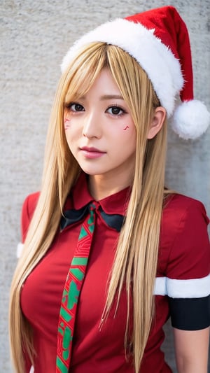 masterpiece,  best quality,  1girl,  solo,  gakuran,  christmas hat, christmas suit, long hair,  Naruto uzumaki,  long blonde hair,  spiked hair , n4rut0, facial mark,  forehead protector,  konohagakure symbol,izumi ran