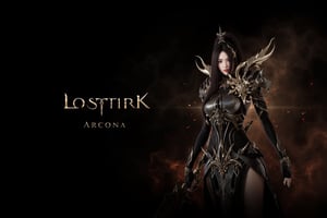 This is a digital artwork featuring a female character named Lostark, as indicated by the text at the bottom of the image. Lostark is depicted in a dramatic, dark fantasy style, with a focus on intricate armor and a mystical, otherworldly atmosphere. She has long, flowing black hair and pale skin, with a serious, almost stern expression. Her eyes are sharp and piercing, adding to her commanding presence.

Lostark is adorned in a complex, black and gold armor that covers her entire body, with ornate, spiked shoulder pads and a high-collared chest piece. The armor has a metallic sheen and is detailed with intricate patterns and sharp edges, giving it a futuristic yet medieval feel. Her hands are adorned with black gauntlets, and she holds a sword or staff in her right hand, which is slightly outstretched.

The background is dark and smoky, with floating embers and a subtle glow that adds to the mystical ambiance. The left side of the image is dominated by the character, while the right side fades into a dark, almost ethereal mist. The text "Lostark" is prominently displayed at the bottom center, with the word "Arcona" underneath it, indicating the game or series associated with the character.