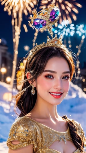 RAW photo,  high quality,  film grain,  8k uhd,  masterpiece,  best quaily,  (high detailed skin:1.1), photorealistic, smile, firework, happy new year,
(fractal crystal skin:1.1) with ice crown, woman, white crystal skin, (fantasy:1.3), ,High detailed ,