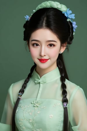 The image is a portrait of a young woman with long dark hair styled in a traditional Chinese hairstyle. She is wearing a light green dress with a high neckline and a floral design on the front. Her hair is styled in two braids that are pulled back into a high ponytail with a small blue flower in the center. She has a subtle smile on her face and is looking directly at the camera. The background is a plain green color. The overall mood of the image is elegant and sophisticated., alexa