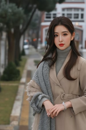 The image is a portrait of a young woman with dark hair and red lipstick. She is standing on a street with a tree and a building in the background. The woman is wearing a beige coat and a gray scarf around her neck. She has a serious expression on her face and is looking directly at the camera. The overall mood of the image is serious and contemplative., alexa