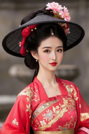 The image is a portrait of a young woman dressed in traditional Chinese clothing. She is wearing a black hat with a large flower crown on top, which is decorated with pink and red flowers. The hat is wide-brimmed and has a black ribbon tied around the brim. The woman is also wearing a red and gold embroidered kimono with gold accents. She has a gold necklace and earrings, and her hair is styled in an updo with loose curls. The background is blurred, but it appears to be an outdoor setting with a stone wall and a fountain. The overall mood of the image is elegant and regal., alexa