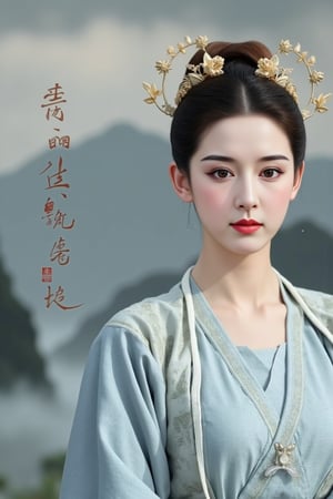 cfairy,
This is a highly detailed, digitally altered photograph featuring a young East Asian woman in traditional Hanfu attire. She has a fair complexion and straight, dark hair styled in a sleek, elegant updo adorned with a golden headdress featuring intricate floral designs. Her makeup is subtle, with a focus on natural tones, and she wears a light pink lipstick. She is dressed in a light blue, textured robe with intricate embroidery, showcasing a blend of traditional and modern fashion elements. 

In the background, a serene landscape of misty, rolling mountains is depicted in soft, muted tones of gray and white, creating a sense of tranquility. To the left side of the image, there is Chinese text in a flowing script, adding to the cultural context. The overall composition is balanced, with the woman occupying the central focus while the background provides a sense of depth and historical setting. The image exudes a mix of traditional and modern aesthetics, blending ancient Hanfu attire with a contemporary digital art style. The artist's signature appears in the bottom right corner.