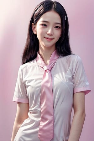 ((Fujifilm)),  {beautiful and detailed eyes},  (small breasts),  smile expression,  soft light,  (white background),  (half body photo), delicate facial feature,  (white shirt-sleeved short school sailor uniform shirt,  small pink tie,  bra visible through the shirt ),  black hair, jisoo, , , , , 