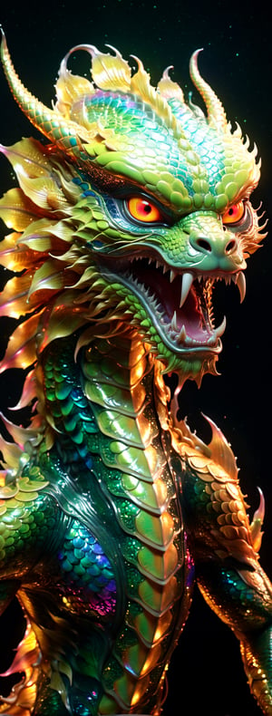 Alien creature in chinese dragon shape, with opalescent skin and iridiscent scales, masterpiece, absolutely perfect, stunning image, visually rich, intricately detailed, concept art, by Mschiffer, glowy, cinematic, UHD wallpaper, 3d, octane render, volumetric lights,Movie Still