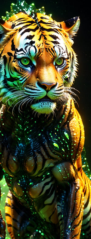 Alien creature in tiger shape, with opalescent skin and iridiscent scales, masterpiece, absolutely perfect, stunning image, visually rich, intricately detailed, concept art, by Mschiffer, glowy, cinematic, UHD wallpaper, 3d, octane render, volumetric lights,Movie Still