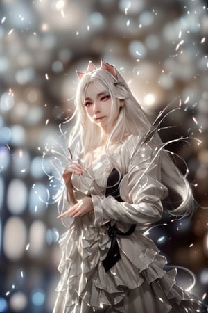 best quality, high resolution, 8k, focus, photorealistic image of a graceful white haired lady, blurry_light_background, EpicSky,anime.cat