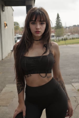  (((girl in her 14s , (saggy breast:1,1), front view, long black straight hair,Realism, seductive pose, Full body portrait, length full body, full body photo, slim, flat stomach, thin, perfect body,photorealistic, realistic skin , legs, standing, sad face,Masterpiece,orgasm, extreme pleasure,  full body, 1 girl, she look at viewer,Realism,she look at viewer,full boy view,small gab between legs,hair bangs, black lips, black eyeliner,dark make up,tattoos,shirt_lift,white pale skin,yoga pants,outdoor white,