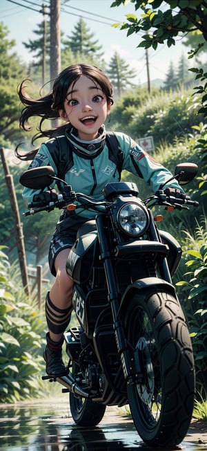 A cinematic scenic view of 1 girl, wearing a goggle driving in a off road motorcycle, very windy, 3D, depth of field, motion blur, dirt road racing in a forest crossing a stream, dusty, reflections, water splash, smile open mouth, eye contact viewer,