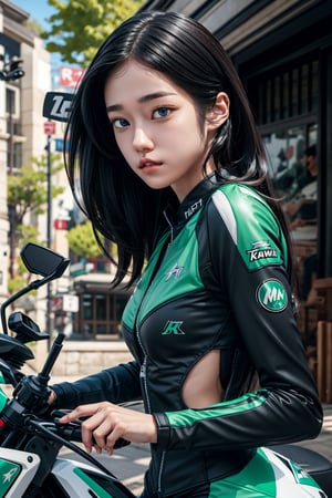 1girl, blue eyes, black hair, parted_lips, red moter bike suit, motorbike stand behind, perfecteyes, Kawasaki Ninja h2r bike,