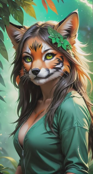 (masterpiece:1.1), (highest quality:1.1), (HDR:1.0), extreme quality, cg, (negative space), detailed face+eyes, 1girl, fox ears, animal ear fluff, (plants:1.18), (fractal art), (bright colors), splashes of color background, colors mashing, paint splatter, complimentary colors, neon, (thunder tiger), compassionate, electric, limited palette, synthwave, fine art, tan skin, upper body, (green and orange:1.2), time stop, sy3, SMM