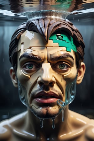  worried face, portrait, surreal image, inspired by great paintings of surrealism, partially in lowpoly, face fused with water, lego, fluids, advertising image, love and pain, the same face divided into 4 parts, each one different, neon lights , psychological horror scene, madness at its maximum expression, horrible allusions