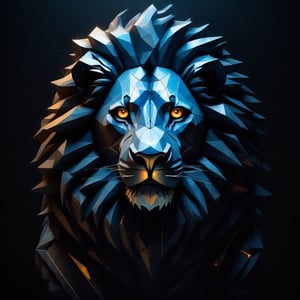 lion, futuristic style, symmetry, polygonal elements, lights, oil painting, sculpture, avant-garde art, dark environment, horror, the shadow, hyperrealistic, movie poster