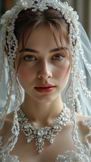 In the enchanting and ethereal painting style of Lilia Alvarado, the portrait of the bride captures her in a moment of pure grace and elegance. Her long, flowing veil cascades down her back, adorned with sparkling gems and diamonds that catch the light, creating a dreamlike aura around her. The bride's gown is a masterpiece of delicate design, with shimmering jewels that add a touch of royal elegance. Her necklace, crafted with intricate detail, complements her radiant beauty, with each gem and diamond reflecting the soft, mystical light of the scene. The background is a serene, otherworldly landscape filled with soft hues, gentle curves, and whimsical elements, all rendered in the mystical and imaginative style of Lilia Alvarado. The portrait captures the bride's essence, blending romance and fantasy, making her a truly enchanting and unforgettable figure.,Midjourney_Whisper,Perfect Eyes,Skin blemish,Detailed skin