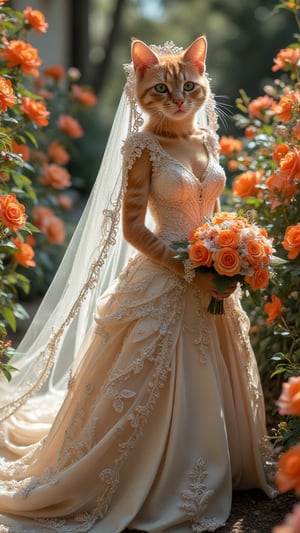 Midjourney_Whisper.

 In a lush, vibrant garden, an enchanting anthropomorphic orange tabby bride stands gracefully, facing forward. Her exquisite wedding gown is a masterpiece of cream and pale orange hues, adorned with intricate lace and delicate beadwork that shimmer in the soft sunlight. The bodice of the dress is elegantly fitted, accentuating her feline form, while the skirt flows out in layers of luxurious silk, embellished with embroidered flowers that match the surrounding blooms. Her long, flowing veil is a cascade of sheer, ivory fabric, delicately trimmed with lace and tiny, sparkling crystals that catch the light. The veil trails behind her, blending seamlessly with the garden's natural beauty. Her fur, a rich shade of orange, is meticulously groomed, and her eyes, a captivating green, sparkle with joy and excitement. The garden is a riot of color, filled with an array of blooming flowers—roses, peonies, and lilies—that create a fragrant and picturesque backdrop. The bride's bouquet, a stunning arrangement of orange and white roses, complements her dress perfectly. The scene is one of pure enchantment, where the beauty of nature and the elegance of the bride merge into a breathtaking, magical tableau.