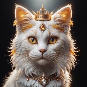 The anthropomorphic queen cat with white fur tinged with yellow features bright amber eyes, a delicate muzzle, and whiskers that gracefully frame her gentle and expressive face.