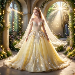bride with big breast of G cup,Light spills through the enchanted forest, illuminating a vision in a flowing yellow wedding ballgown. Delicate embroidery shimmers with every step, and a cathedral veil cascades down her back like a waterfall of moonlight. A radiant bride, ready to begin her happily ever after in this magical fairyland,glitter