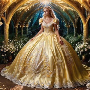 light spills through the enchanted forest, illuminating a vision in a flowing yellow wedding ballgown. Delicate embroidery shimmers with every step, and a cathedral veil cascades down her back like a waterfall of moonlight. A radiant bride, ready to begin her happily ever after in this magical fairyland,glitter,Ba11g0wn ,FuturEvoLabWedding,wedding dress