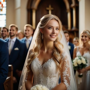 A bride in a church looking anxious, the church bell ringing and guests whispering among themselves.The bride has long, wavy blonde hair, blue eyes, fair skin, and a radiant smile. She is of average height, with a slender build and elegant features.