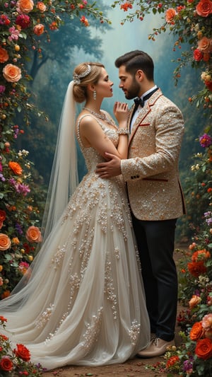 In the vibrant and expressive painting style of Alex Alemany, the bride stands radiantly, her long, flowing veil cascading down her back, adorned with sparkling gems and diamonds. Her gown is a masterpiece of intricate design, with shimmering jewels that catch the light, creating a magical aura around her. The groom, equally resplendent, wears an elegant suit embellished with gems and diamonds, reflecting the enchanting atmosphere of the occasion. The couple's necklaces, crafted with exquisite detail, add a touch of royal elegance to their attire. The backdrop is a vibrant, animated world filled with lush greenery, colorful flowers, and playful characters, all rendered in the charming and imaginative style of Alex Alemany. The scene is a perfect blend of fairytale romance and modern sophistication, making their union a truly magical and unforgettable moment..,Midjourney_Whisper,Perfect Eyes,Skin blemish,Detailed skin