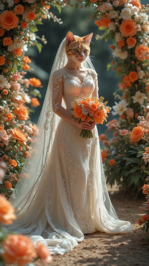 Midjourney_Whisper.

 In a lush, vibrant garden, an enchanting anthropomorphic orange tabby bride stands gracefully, facing forward. Her exquisite wedding gown is a masterpiece of cream and pale orange hues, adorned with intricate lace and delicate beadwork that shimmer in the soft sunlight. The bodice of the dress is elegantly fitted, accentuating her feline form, while the skirt flows out in layers of luxurious silk, embellished with embroidered flowers that match the surrounding blooms. Her long, flowing veil is a cascade of sheer, ivory fabric, delicately trimmed with lace and tiny, sparkling crystals that catch the light. The veil trails behind her, blending seamlessly with the garden's natural beauty. Her fur, a rich shade of orange, is meticulously groomed, and her eyes, a captivating green, sparkle with joy and excitement. The garden is a riot of color, filled with an array of blooming flowers—roses, peonies, and lilies—that create a fragrant and picturesque backdrop. The bride's bouquet, a stunning arrangement of orange and white roses, complements her dress perfectly. The scene is one of pure enchantment, where the beauty of nature and the elegance of the bride merge into a breathtaking, magical tableau.