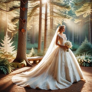 Amidst the whispering pines of a enchanted forest, the bride in a flowing white wedding ballgown, adorned with intricate lace and a shimmering veil,