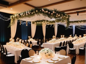 The wedding reception hall glows with twinkling fairy lights draped across the ceiling. Tables are elegantly set with crisp white linens and centerpieces of blooming roses and eucalyptus. Gold-rimmed plates and crystal glassware add a touch of luxury. Candles flicker gently, casting a warm, inviting glow, while a string quartet plays softly in the background.