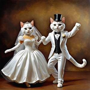 1 anthropomorphic couple cats, full body,act as a a bride with long white veil and a groom.  they are dancing.