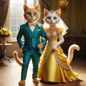 The groom wears a blue suit. The anthropomorphic groom cat features piercing emerald eyes, a strong jawline, a distinguished nose, and whiskers that frame his expressive face, yellow fur. 

The anthropomorphic bride cat wears yellow dress, they are dancing.