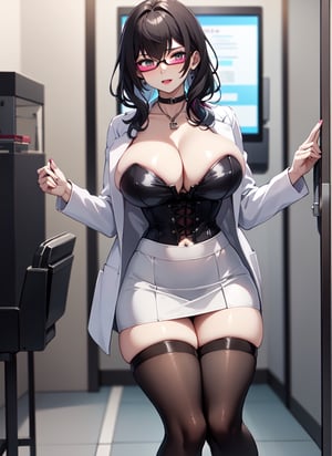 Woman dark hair wearing tight skirt black corset (White doctor's coatin) a doctor's office big breasts cleavage big thighs facing the viewer 